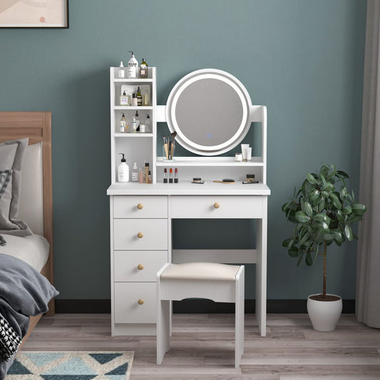 Dressing Table Wood Makeup Dressing Table with Shelves & Cushioned Stool, for Bedroom (White)