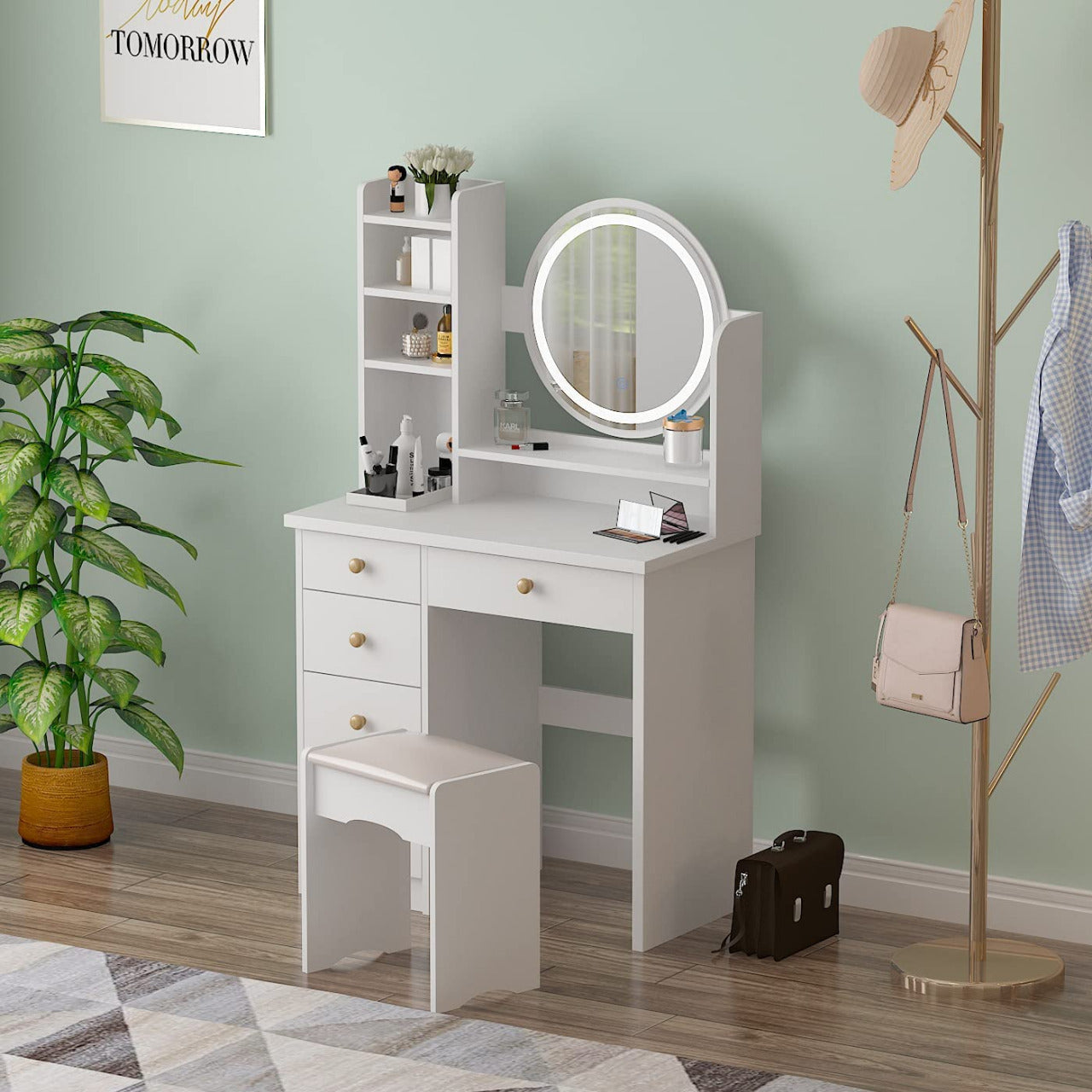 Dressing Table Wood Makeup Dressing Table with Shelves & Cushioned Stool, for Bedroom (White)