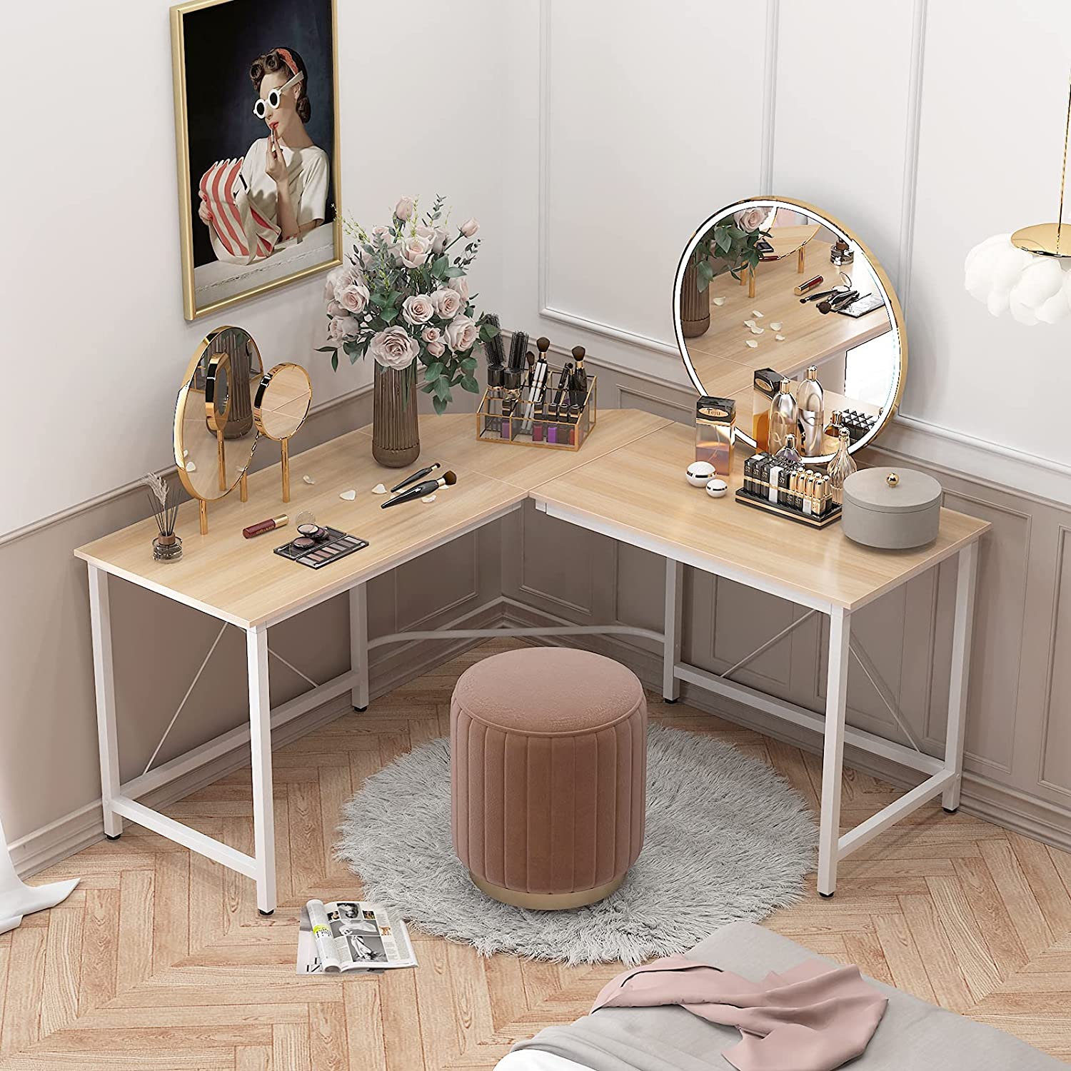 Dressing Tables Bedroom Vanity, 59 x 59 inches, Maple and White Legs