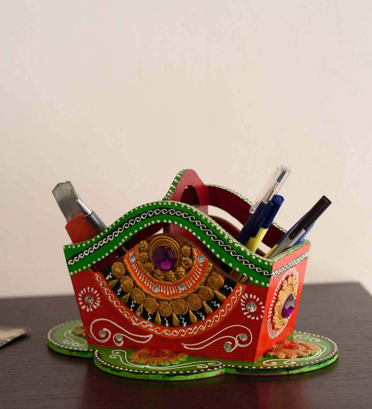Pen Stand : Ethinic Paper Mache & Wood Pen Stand