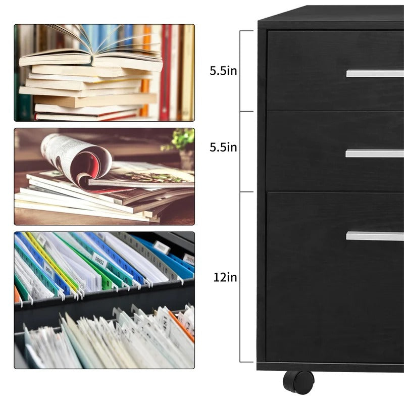 Filing Cabinet : 3-drawer Mobile Wood File Cabinet With Lock, File Cabinet