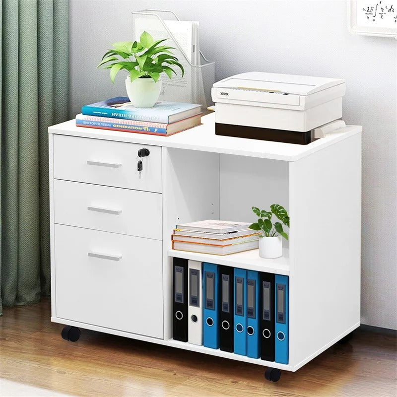 White wood file cabinet deals with lock