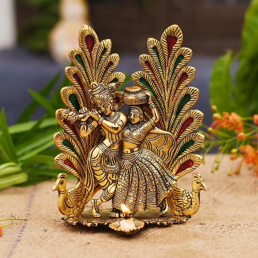 Home Decor : Gold Plated Peacock Design Radha Krishan Idol Statue with Diya