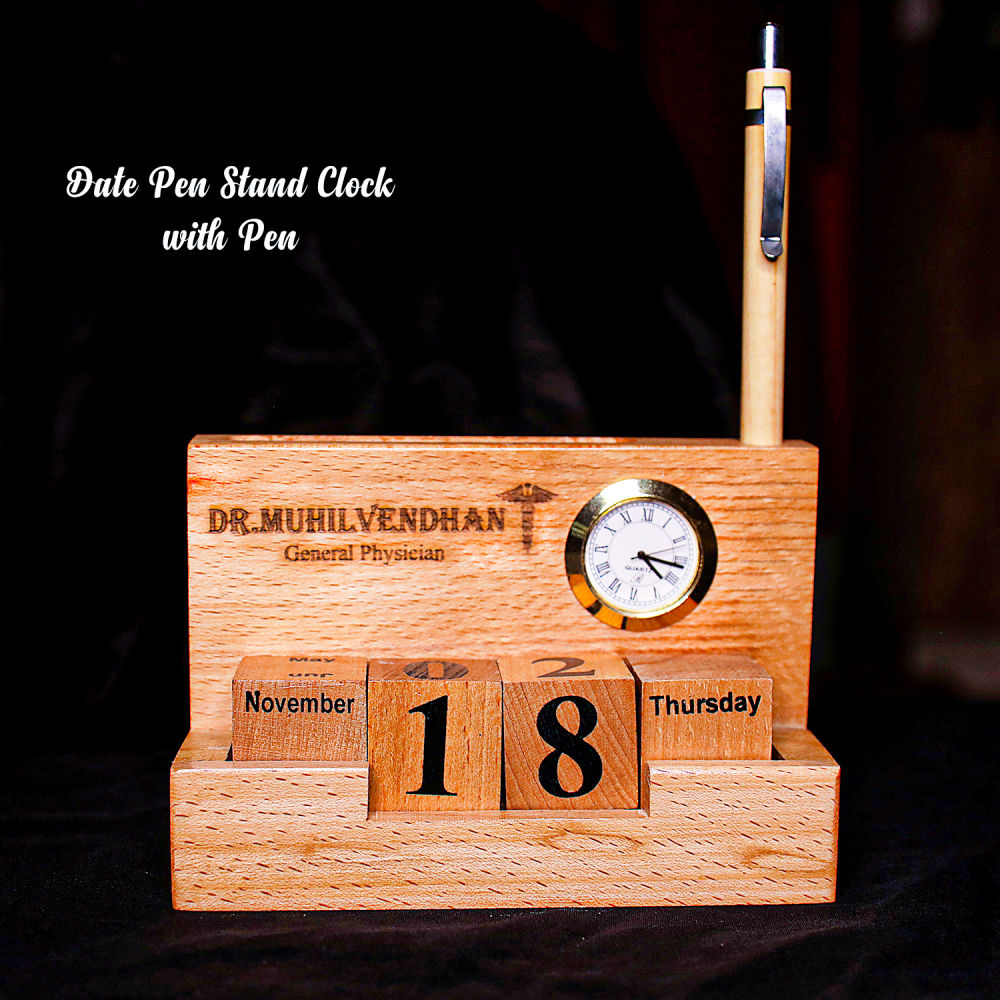 Home Decor : Personalised Wooden Pen Stand With Clock & Calendar