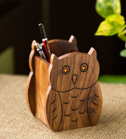 Pen Stand - Hooting Owls Sheesham Wood Pen Stand