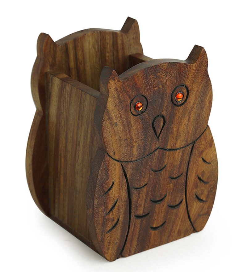 Pen Stand - Hooting Owls Sheesham Wood Pen Stand