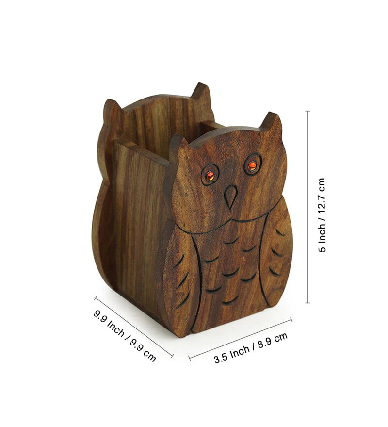 Pen Stand - Hooting Owls Sheesham Wood Pen Stand