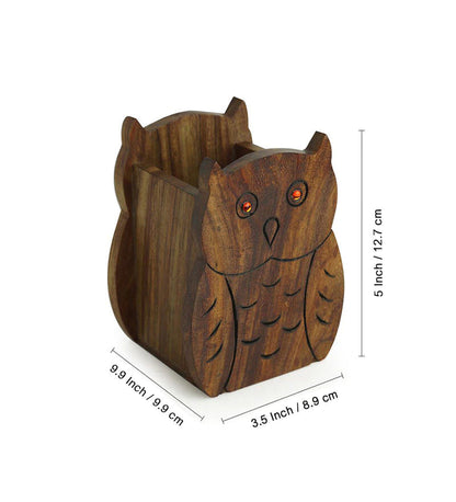 Pen Stand - Hooting Owls Sheesham Wood Pen Stand