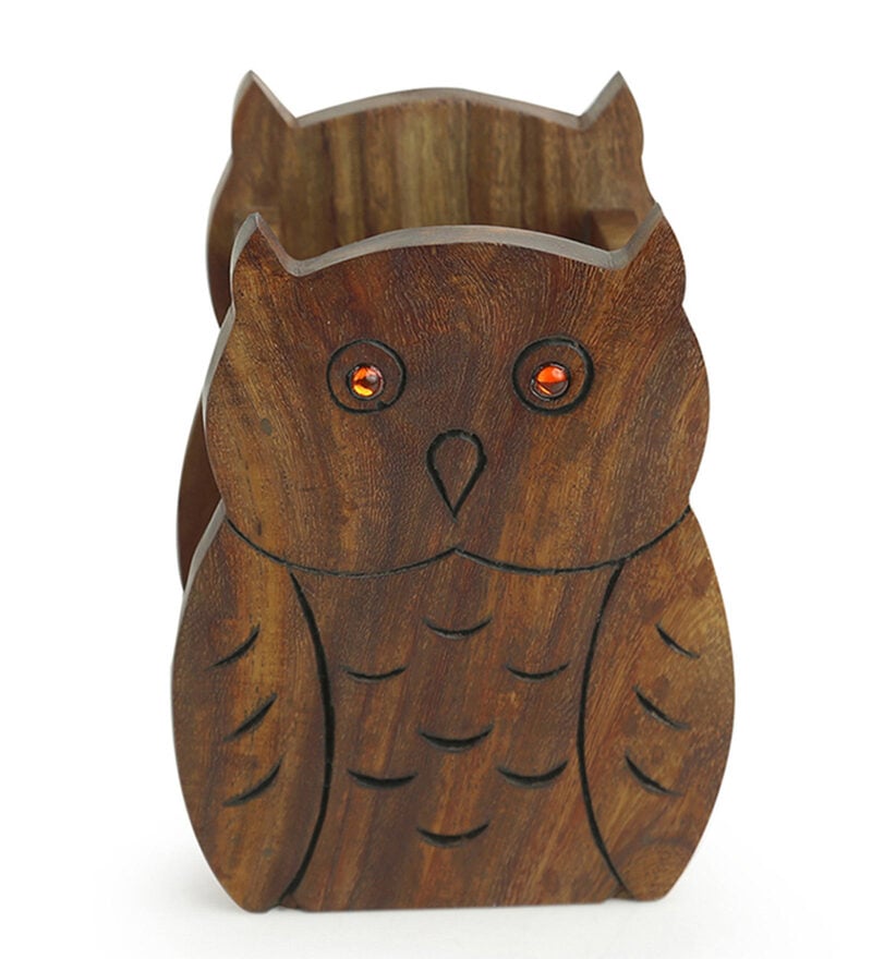 Pen Stand - Hooting Owls Sheesham Wood Pen Stand