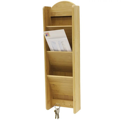 Key Holder: 3 Tier Bamboo Wall Mail Organizer with Key Hooks