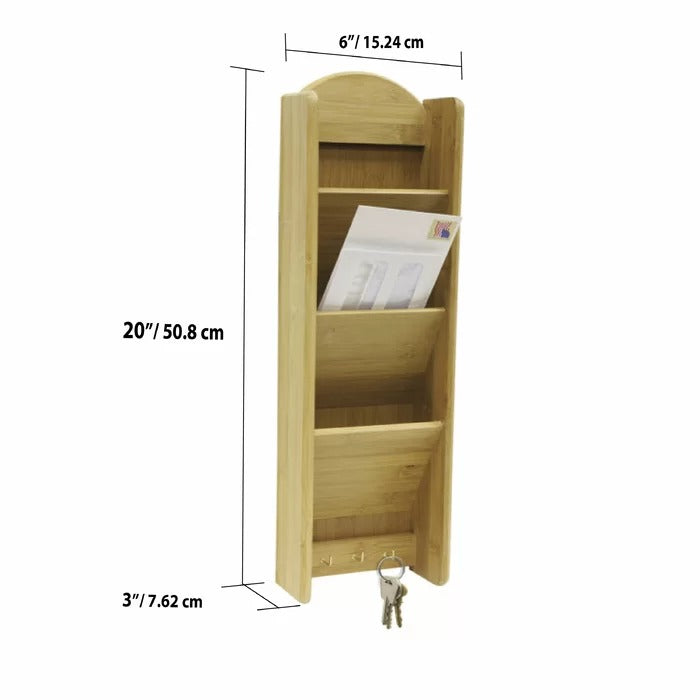 Key Holder: 3 Tier Bamboo Wall Mail Organizer with Key Hooks