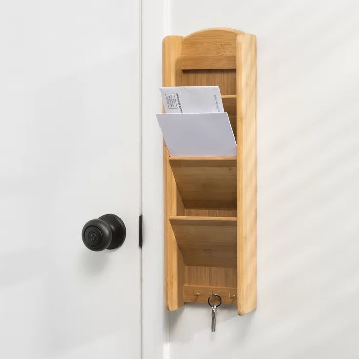 Key Holder: 3 Tier Bamboo Wall Mail Organizer with Key Hooks