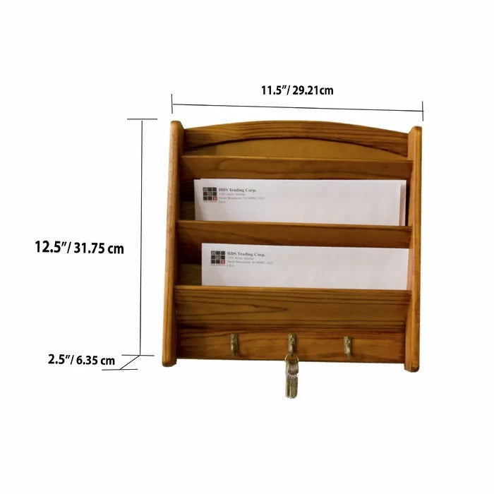 Key Holder: 3 Tier Pine Wall Mail Organizer with Key Hooks