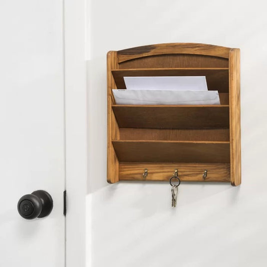 Key Holder: 3 Tier Pine Wall Mail Organizer with Key Hooks