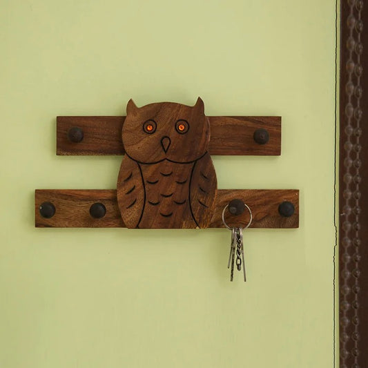 Key Holder: Sheesham Wood Owl  Key Hook (6 Hooks)