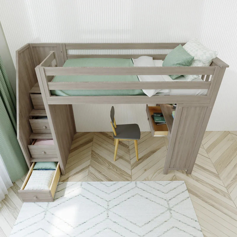 Kids Bed: 4 Drawer Solid Wood Loft Bed with Built-in-Desk