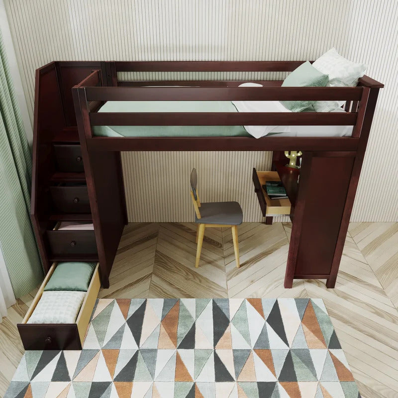 Kids Bed: 4 Drawer Solid Wood Loft Bed with Built-in-Desk