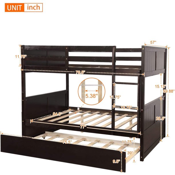 Kids Bed: Full Solid Wood Standard Bunk Bed with Trundle
