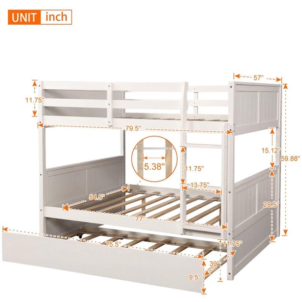 Kids Bed: Full Solid Wood Standard Midsleeper Bunk Bed with Trundle