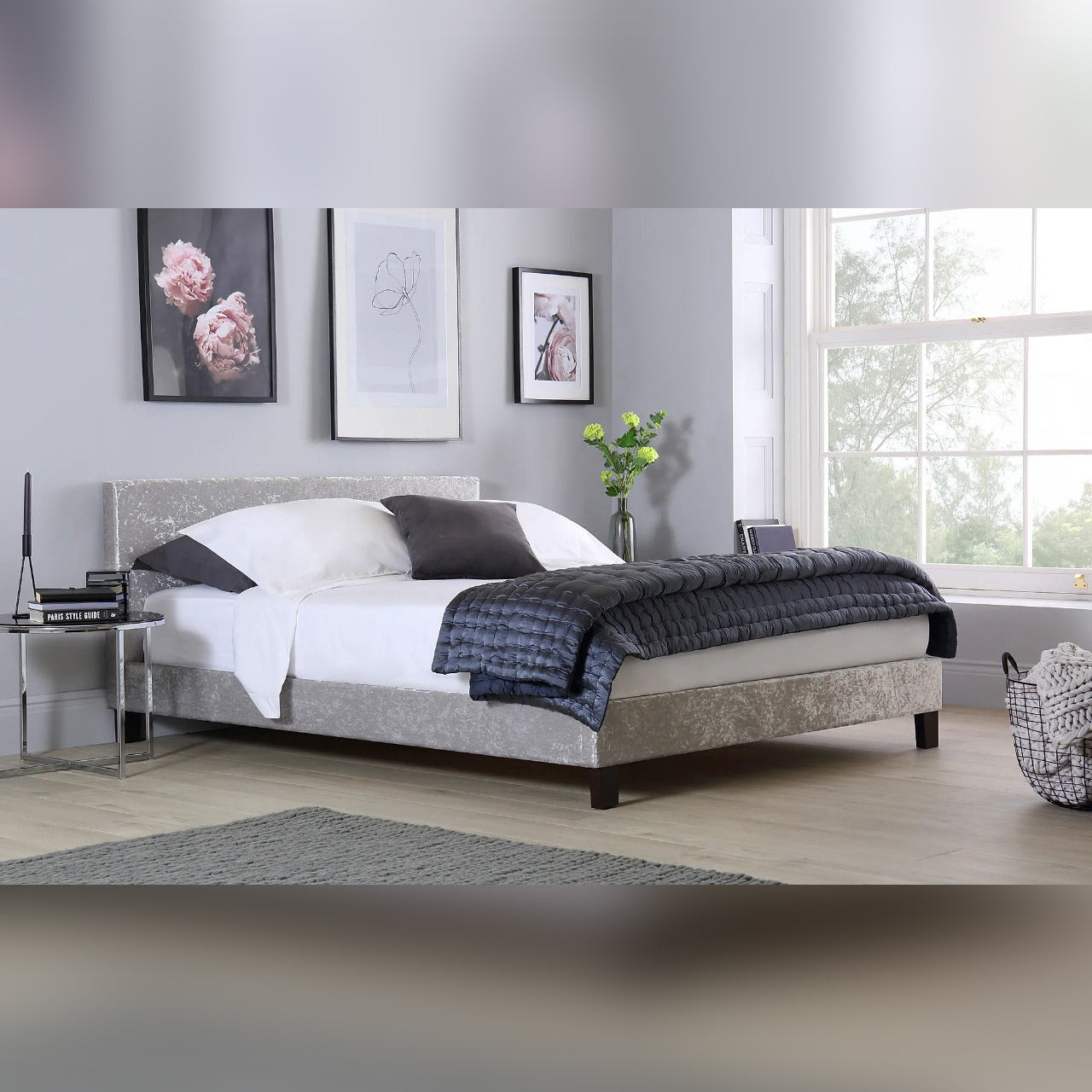 King Size Bed Berlin Style Silver Crushed Velvet Bed