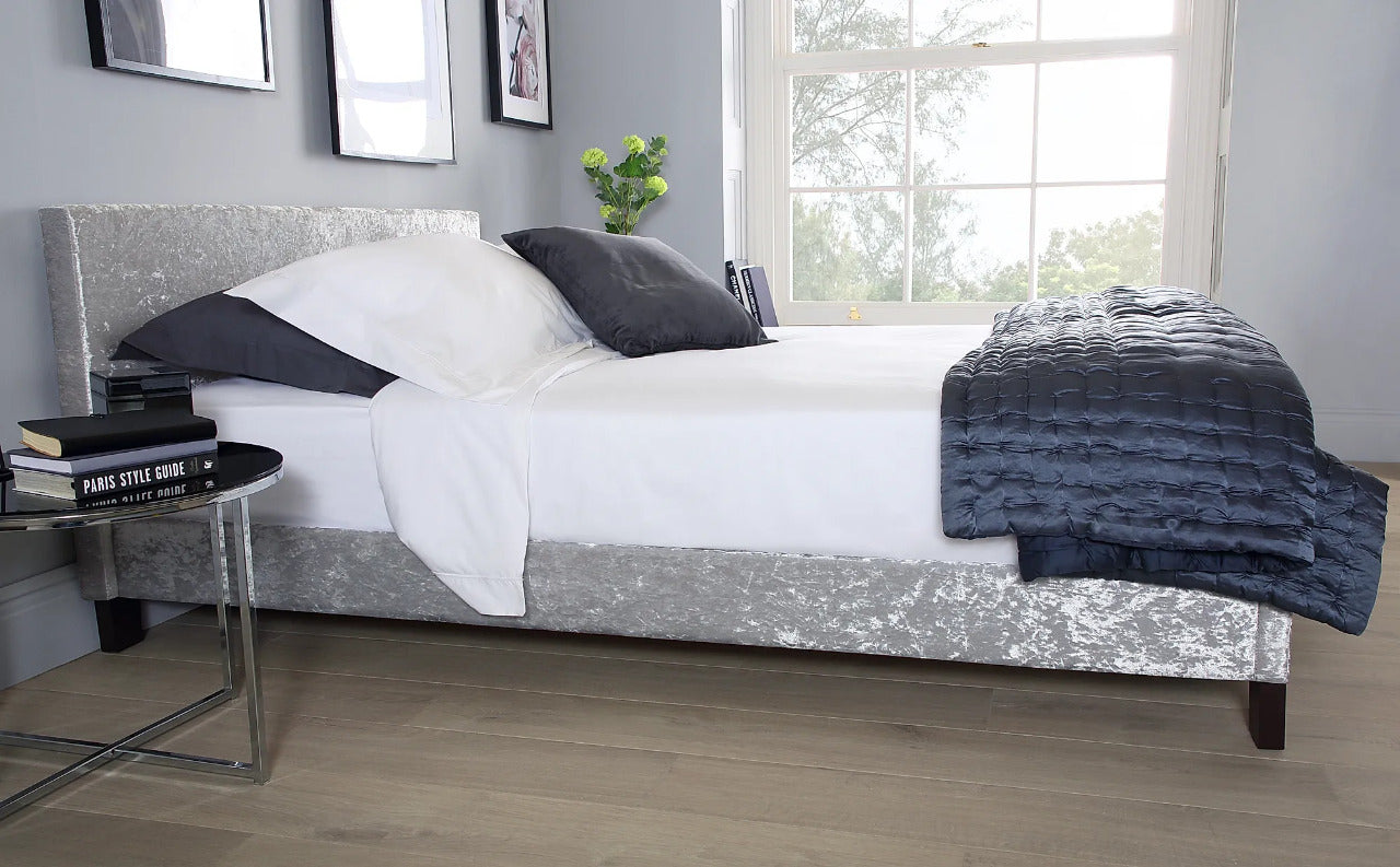 King Size Bed: Berlin Style Silver Crushed Velvet Double Bed