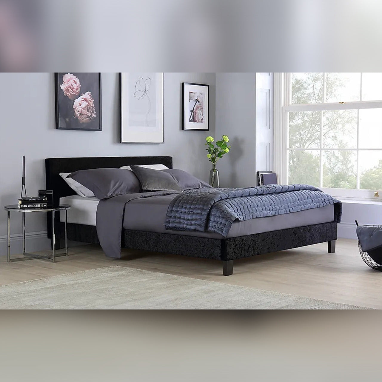 King Size Bed: Black Crushed Velvet King Size Bed