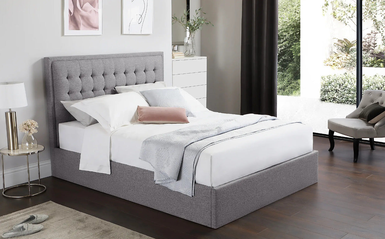 King Size Bed: Florce Grey Fabric Double Bed