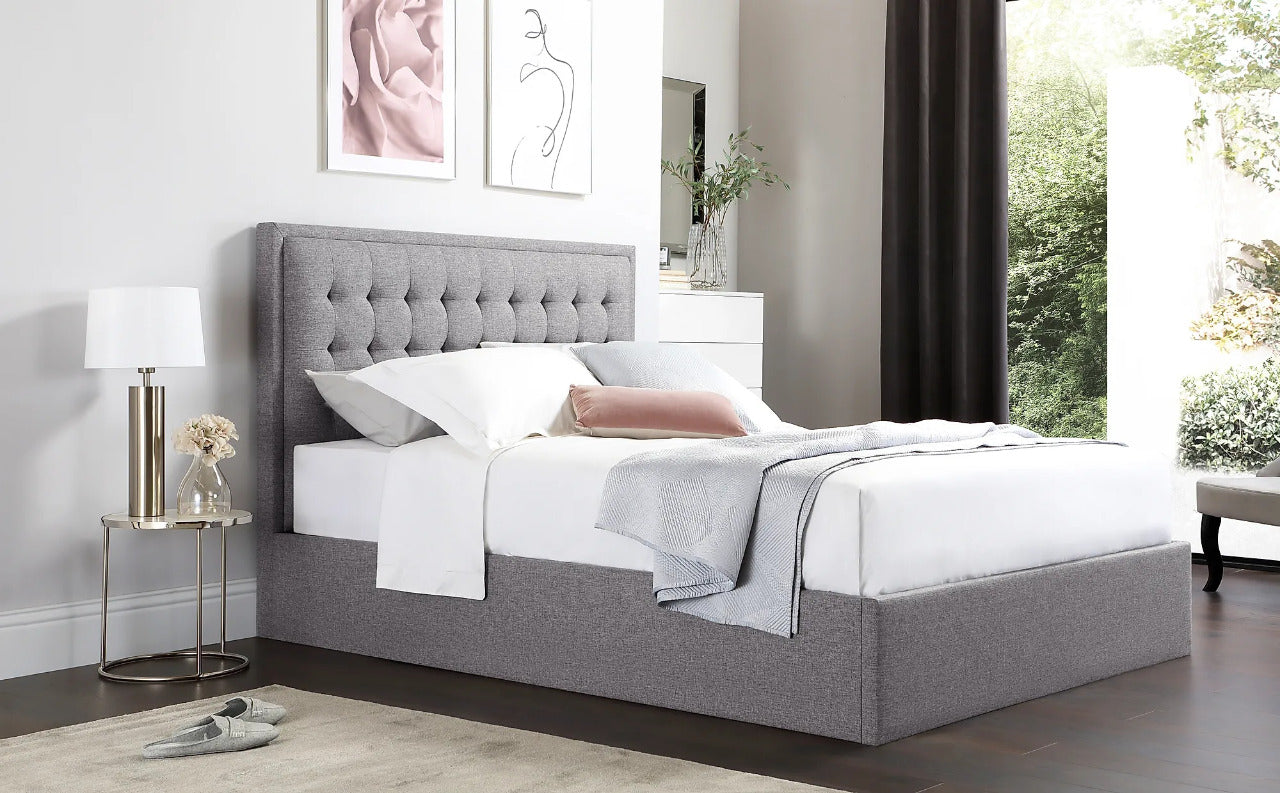 King Size Bed: Florce Grey Fabric Double Bed