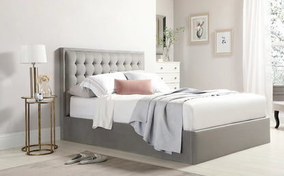 King Size Bed: Florce Grey Velvet Fabric Double Bed