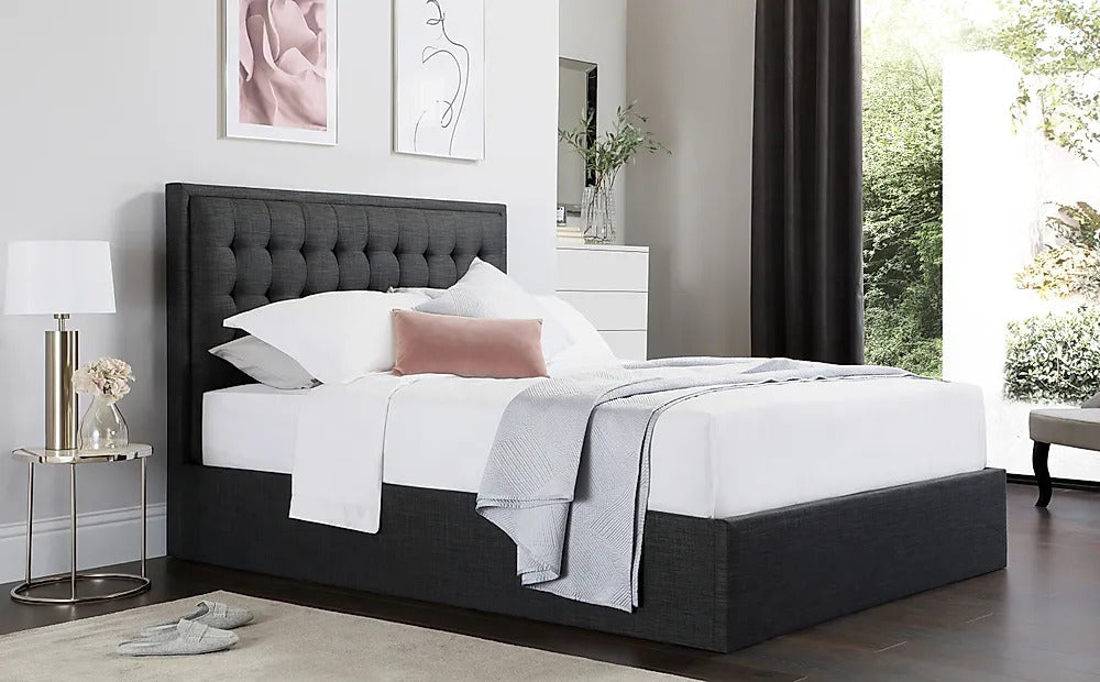 King Size Bed: Florce Slate Grey Fabric Double Bed