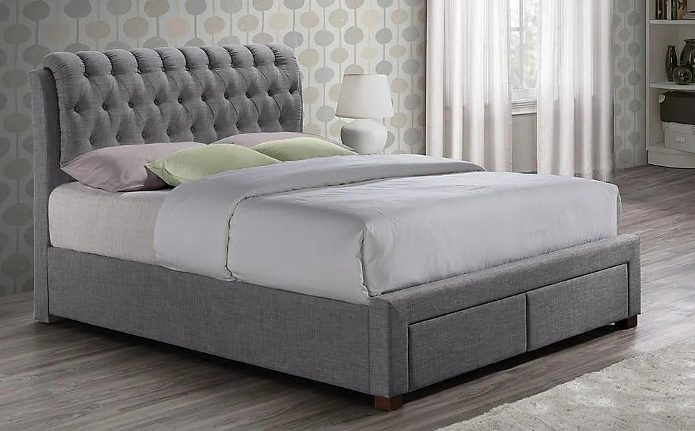 King Size Bed: Grey Fabric 2 Drawer King Size Double Bed