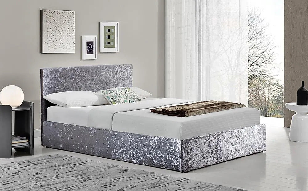 King Size Bed: Silver Crushed Velvet King Size Double Bed