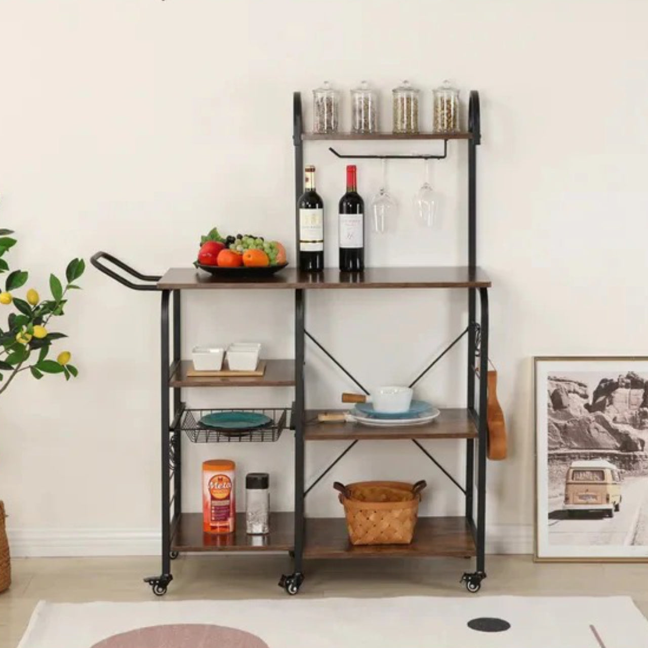 Kitchen Trolley 35.5'' Kitchen Cart with Steel Top and Locking Wheels