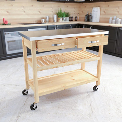 Kitchen Trolley: 44'' Kitchen Cart with Stainless Steel Top and Locking Wheels