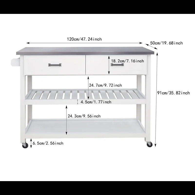Kitchen Trolley: 47.25'' Kitchen Island with Stainless Steel Top and Locking Wheels