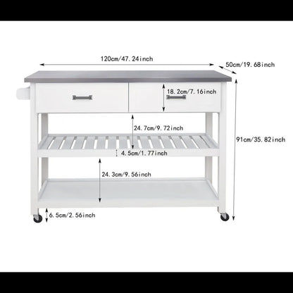 Kitchen Trolley: 47.25'' Kitchen Island with Stainless Steel Top and Locking Wheels