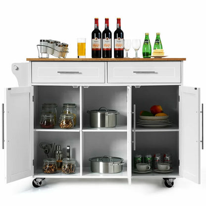 Kitchen Trolley: 48'' Kitchen Cart with Solid Wood Top and Locking Wheels