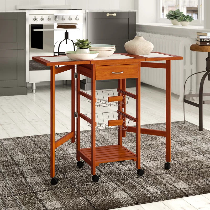 Kitchen Trolley: Solid Wood Kitchen Cart with Tile Top and Locking Wheels