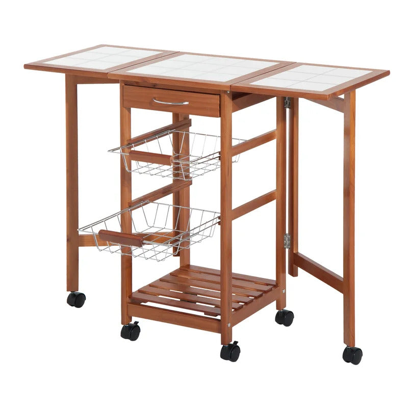 Kitchen Trolley: Solid Wood Kitchen Cart with Tile Top and Locking Wheels