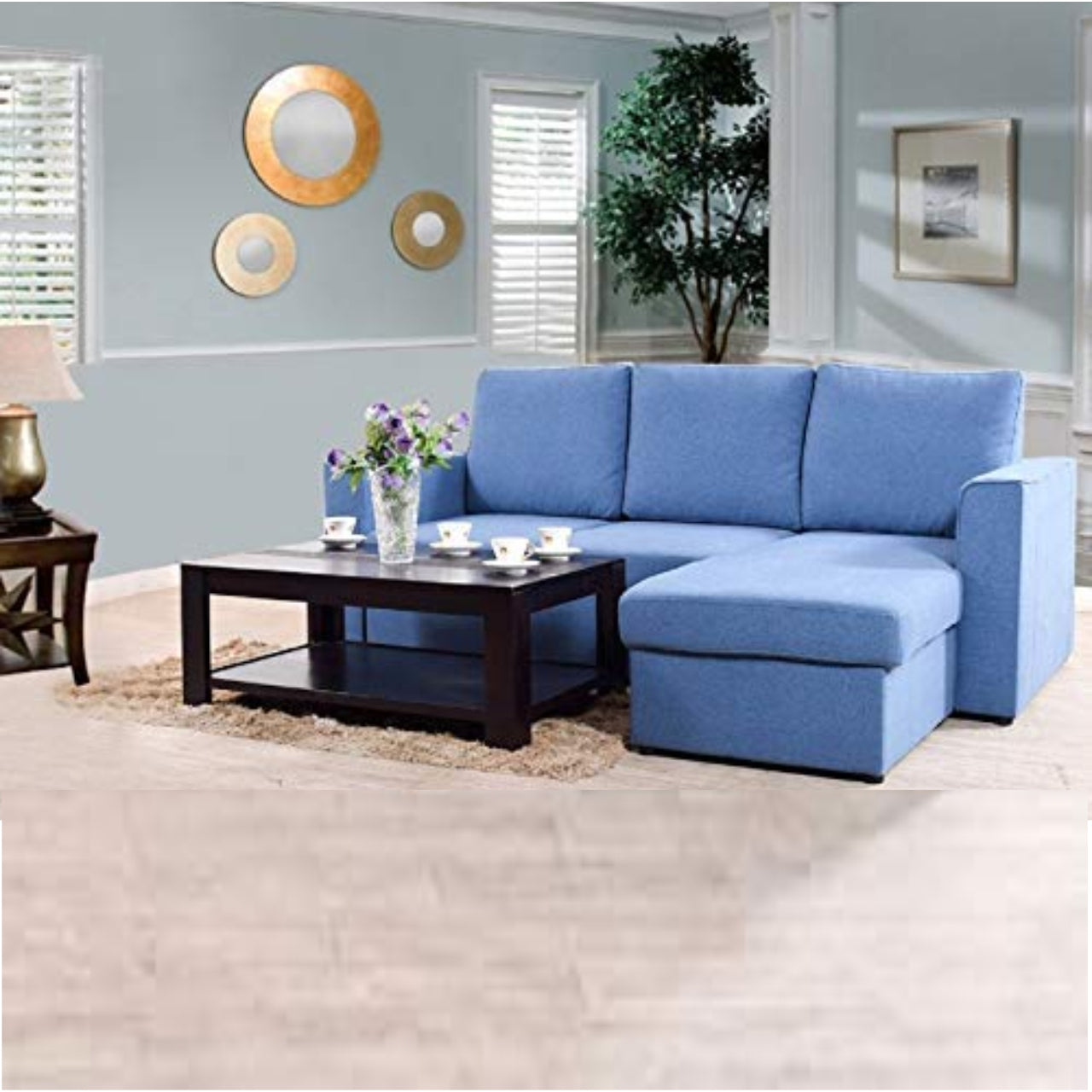 L-Shape Sofa Set- Wood, Foam and Fabric Sofa Set with Lounger (Blue)