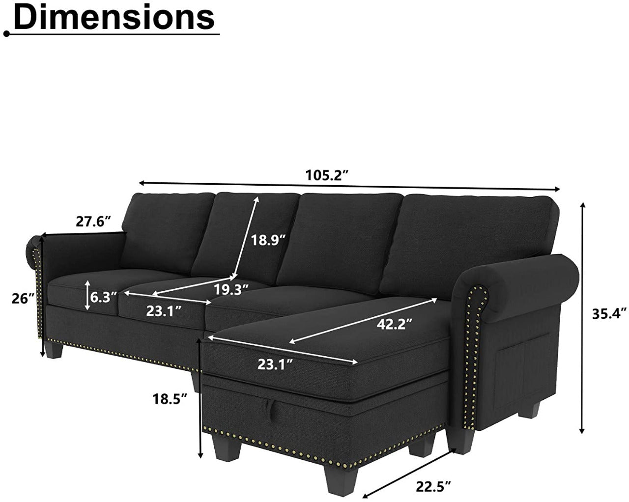 L Shape Sofa Set: Dark Grey Convertible Sofa Couch