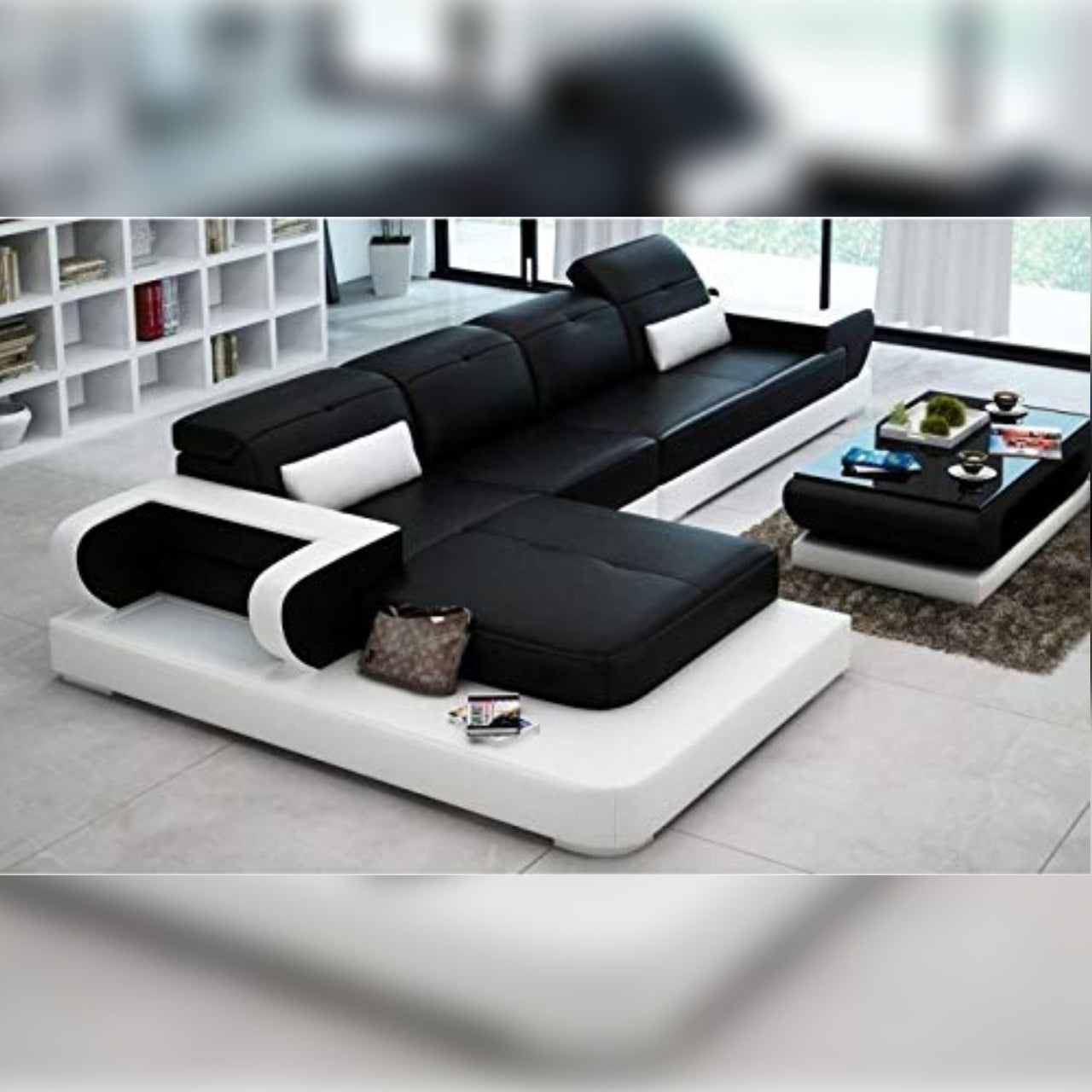 L Shape Sofa Set- Amida Lounge Leatherette Sofa Set (Black & White)