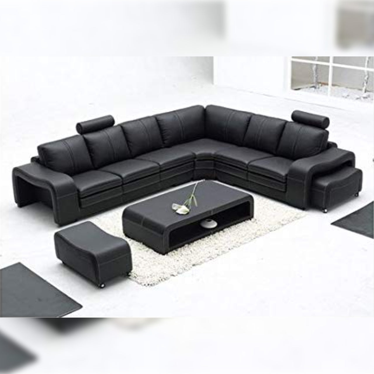 L Shape Sofa Set-Antalya Leatherette Sofa Set (Black)