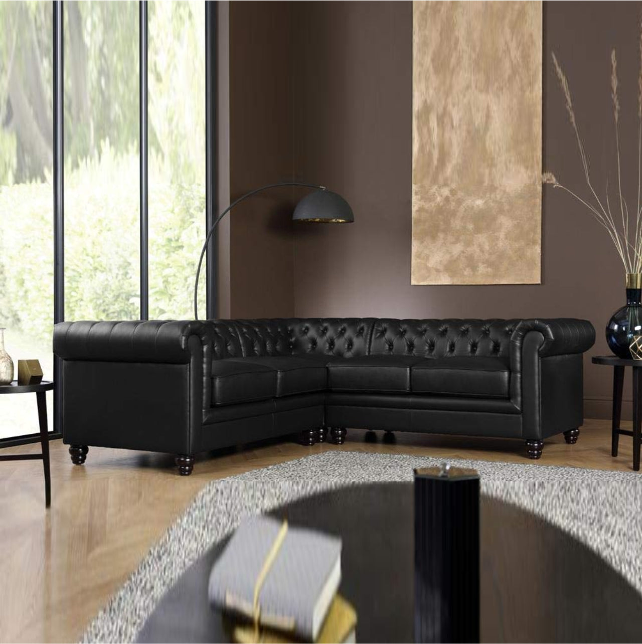 L Shape Sofa Set- Chesterfield Corner Leatherette Sofa Set (Black)