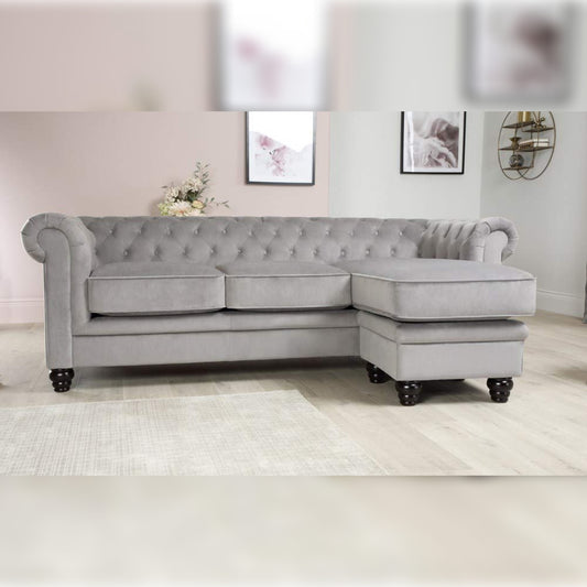 L Shape Sofa Set- Chesterfield Corner Leatherette Sofa Set ( Silver Grey)