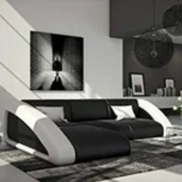 L Shape Sofa Set- Delfina Lounger Leatherette Sofa Set (Black and White)