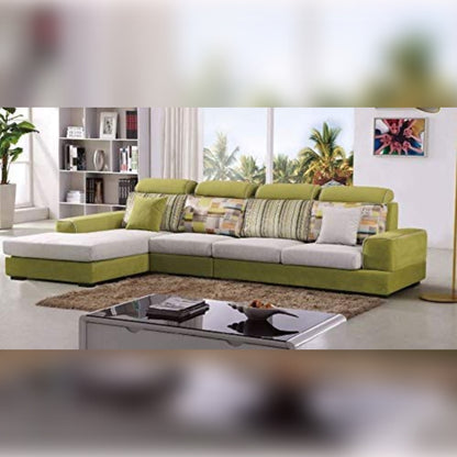 L Shape Sofa Set- Fabric Sofa Set, Standard Size (Pear Green and Off White)