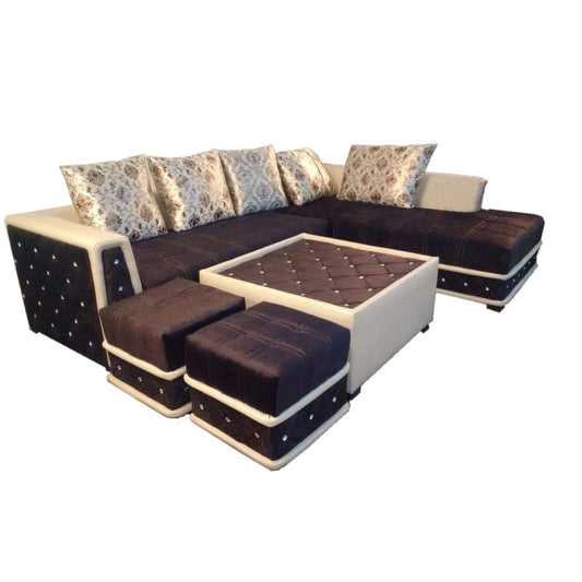 L Shape Sofa Set- Fabric Sofa Set and 2 Puffy