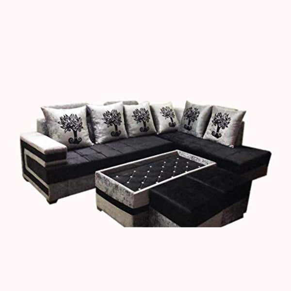 L Shape Sofa Set- Fabric Sofa Set and 2 Puffy (Black and Grey)