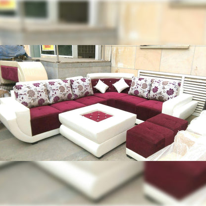 L Shape Sofa Set:- Fabric Sofa Set and 2 Puffy (White and Maroon)